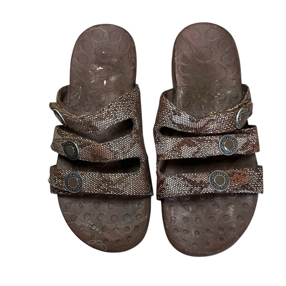 Orthaheel Ashley Bronze Snake Triple Strap Sandal Women's Sz 6 Slip On Comfort - Picture 1 of 6